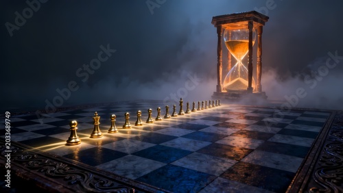 A conceptual illustration of golden chess pawns lined up on a chessboard with a glowing hourglass, symbolizing strategy and time management.