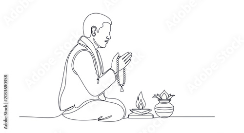 Fotografie Man meditating with prayer beads and ritual items, minimalist line art