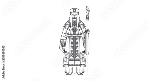 Canvastavla Ancient Chinese Emperor Illustration, Traditional Robes, Holding Scepter, Line A