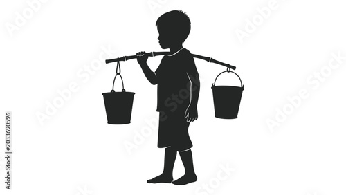 Tableau sur toile Silhouette of a boy carrying two buckets on a yoke black and white graphic