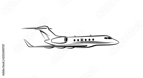 Fotografía Line Art Private Jet Airplane Illustration Isolated on White Background