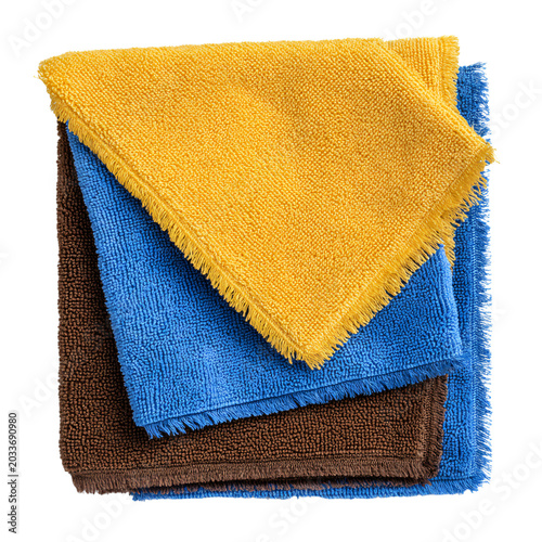 Professional Set of Microfiber Cleaning Cloths in Yellow, Blue, and Brown on Transparent Background