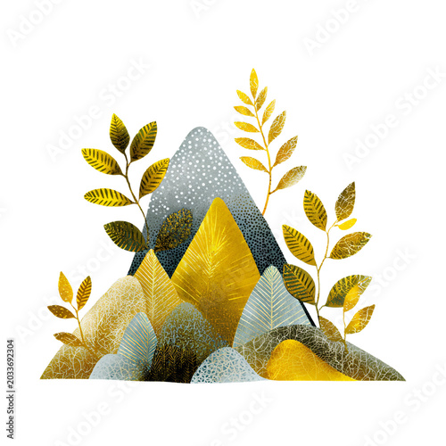 Whimsical Mountain Illustration with Golden Leaf Patterns - Professional Image Usage and Purpose