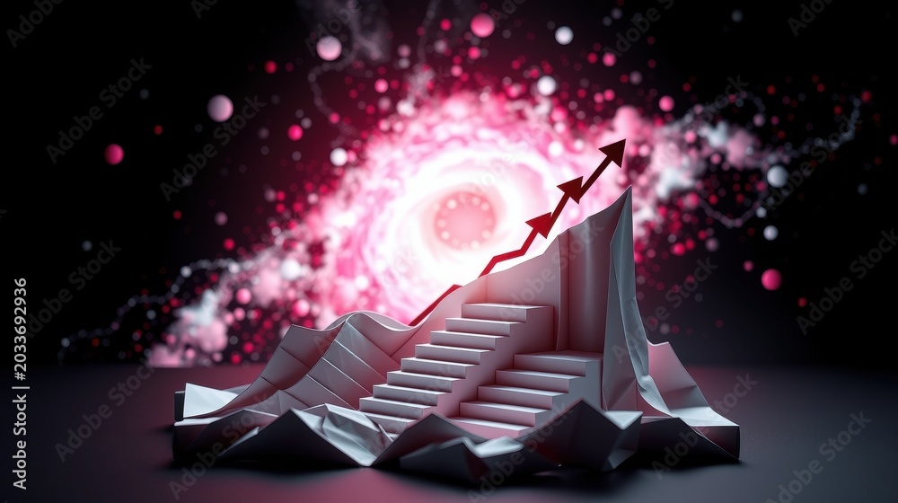 Obraz premium Abstract steps ascend toward glowing nebula. Represents growth, progress, success, future possibilities. Minimalist design, dark background.