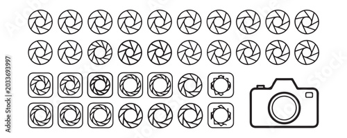 фотографія Set of camera aperture shutter and photo camera outline icons, camera aperture and shutter vector illustration