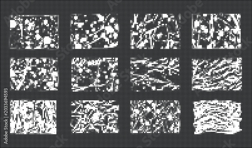 A collection of various textured patterns on a transparent background with squares and rectangles