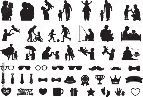 Happy father day silhouette icons collection representing paternal love family bonding celebration activities gifts and fashion accessories.