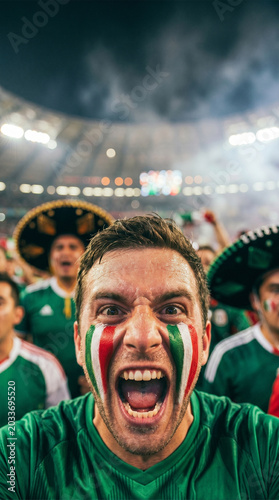 Passionate Mexican football fan screaming at stadium with tricolor face paint
