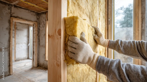Worker wearing gray gloves installing yellow mineral wool insulation board on wooden wall during construction, interior building work