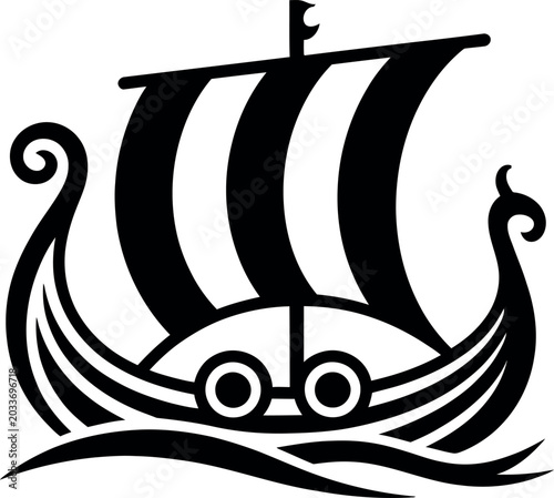 Viking longship sailing on waves