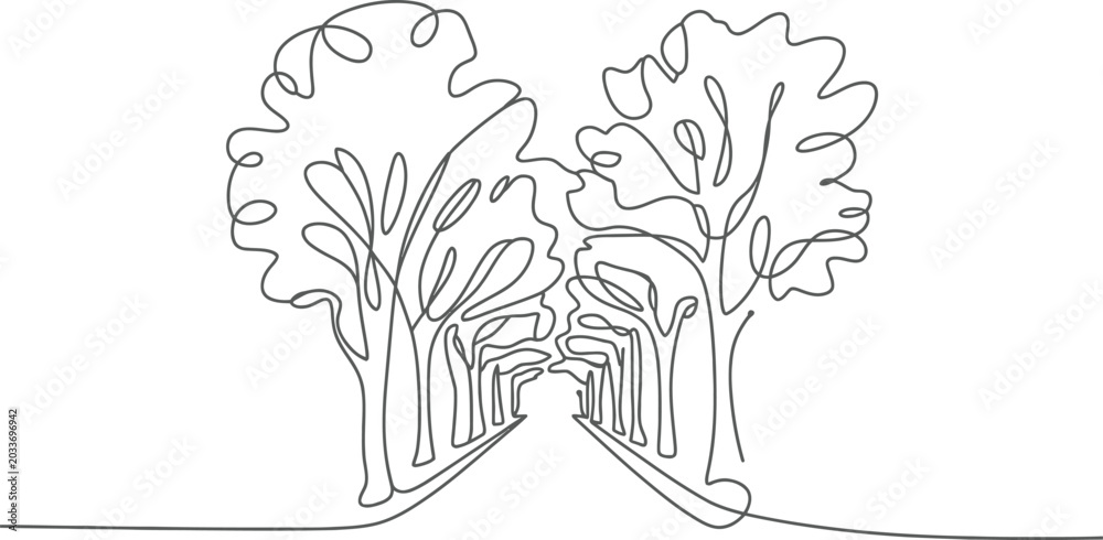 Foto Path through trees line art vector illustration with landscape continuous branch