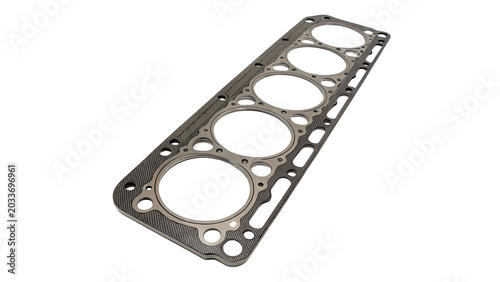 Photography Metallic automotive engine cylinder head gasket component for professional vehic