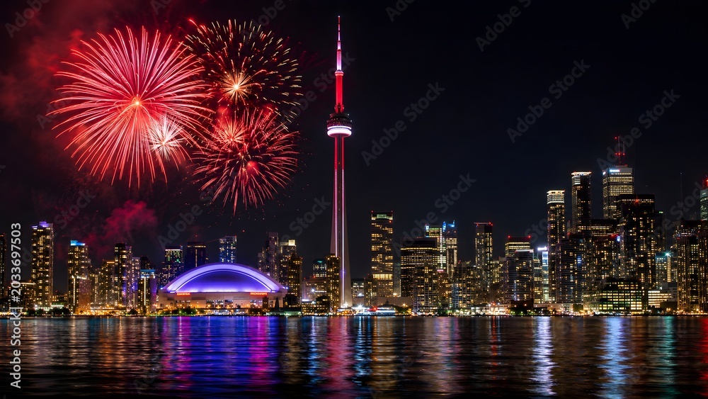 Naklejka premium Toronto CN Tower and Skyline with Canada Day Fireworks at Night