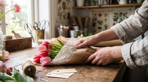 Hands of a florist wrapping pink tulips in craft paper on a rustic table. Authentic workshop atmosphere with natural light. Ideal for flower shop marketing and spring seasonal content.