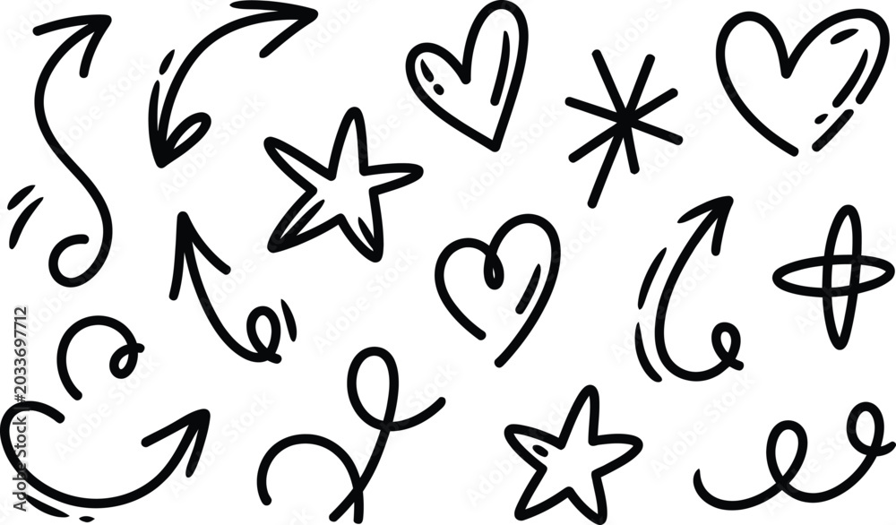 Fototapeta premium Collection of hand-drawn doodles arrows hearts stars vector illustration with collection, decoration