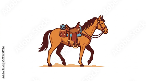 Foto A brown horse with a saddle walks calmly.