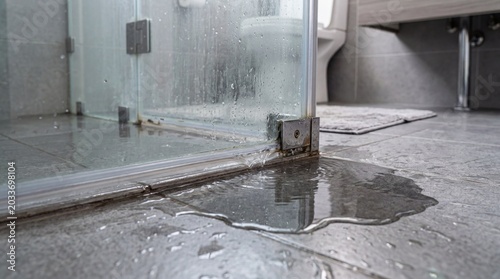 Water leaking from a shower door onto a tiled floor.