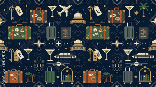 Cuadro en lienzo Elegant hotel seamless pattern, keys, luggage and premium travel icons, modern f