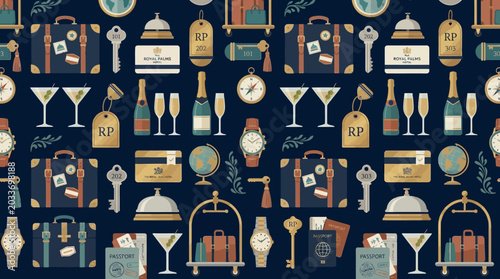 Fotografie Elegant hotel seamless pattern, keys, luggage and premium travel icons, modern f