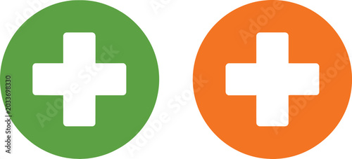 Green and orange circle icons with white medical plus signs for health and safety design Vector