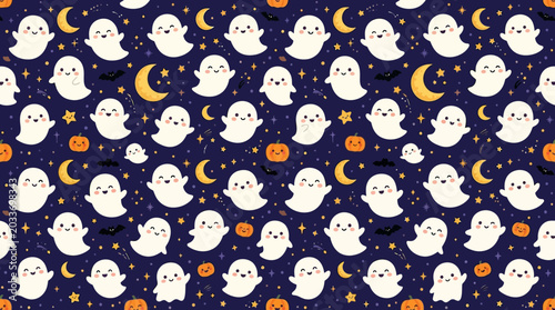 Tableau sur toile Flat vector cute ghost seamless pattern, smiling ghosts, stars and moons, playfu