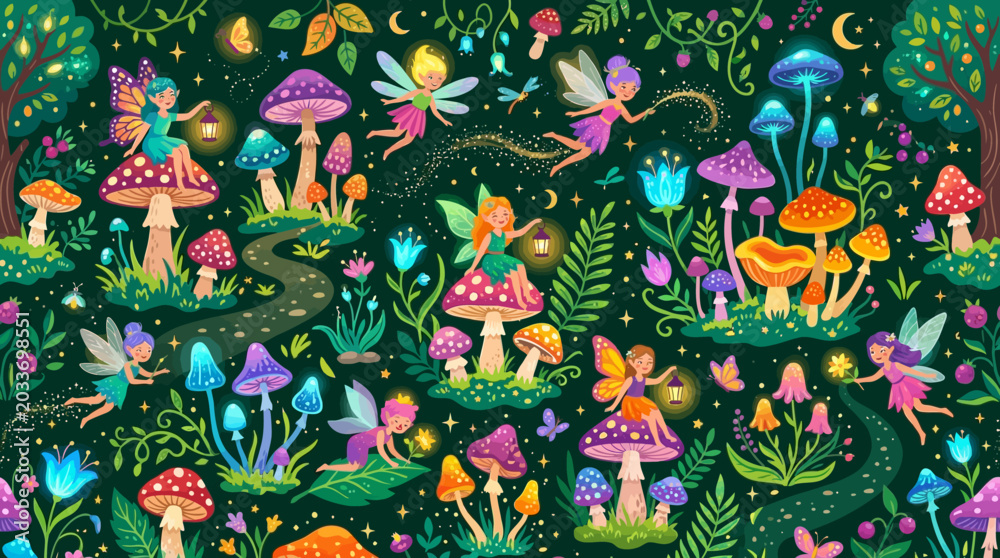 Fototapeta premium Fantasy forest seamless pattern, mushrooms, fairies and glowing plants, colorful whimsical flat vector design