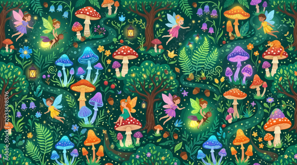 Obraz premium Fantasy forest seamless pattern, mushrooms, fairies and glowing plants, colorful whimsical flat vector design