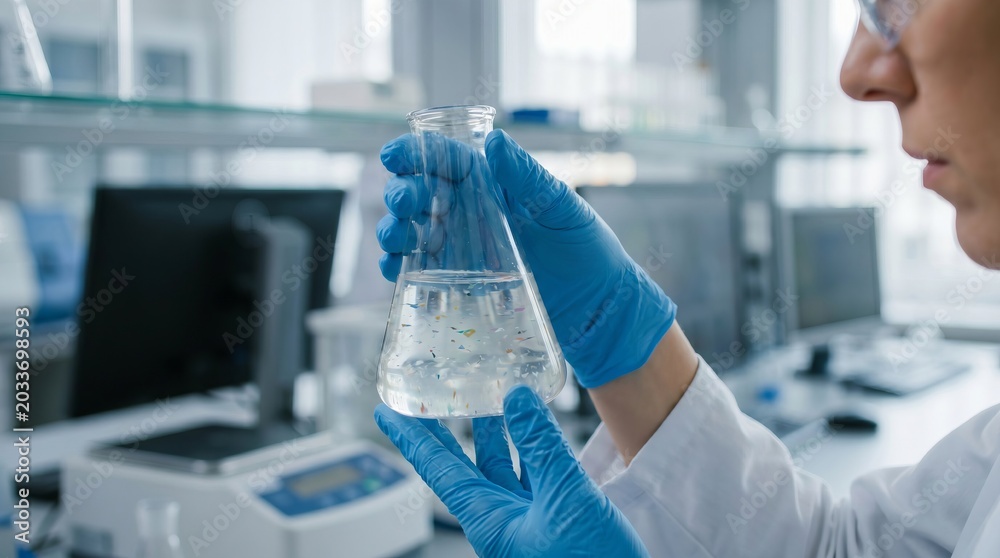 Fototapeta premium Scientist hands holding flask filled with liquid and microplastic particles, environmental research, scientific testing, biotechnology and pollution analysis concept
