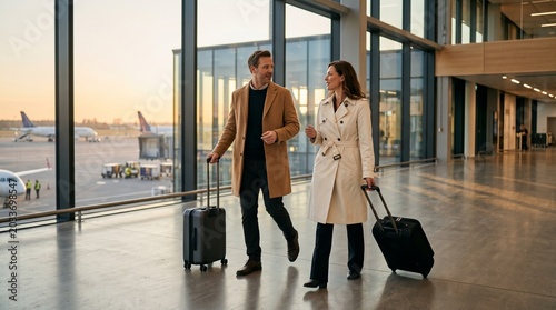 Professional business travelers walking through modern airport terminal with suitcases