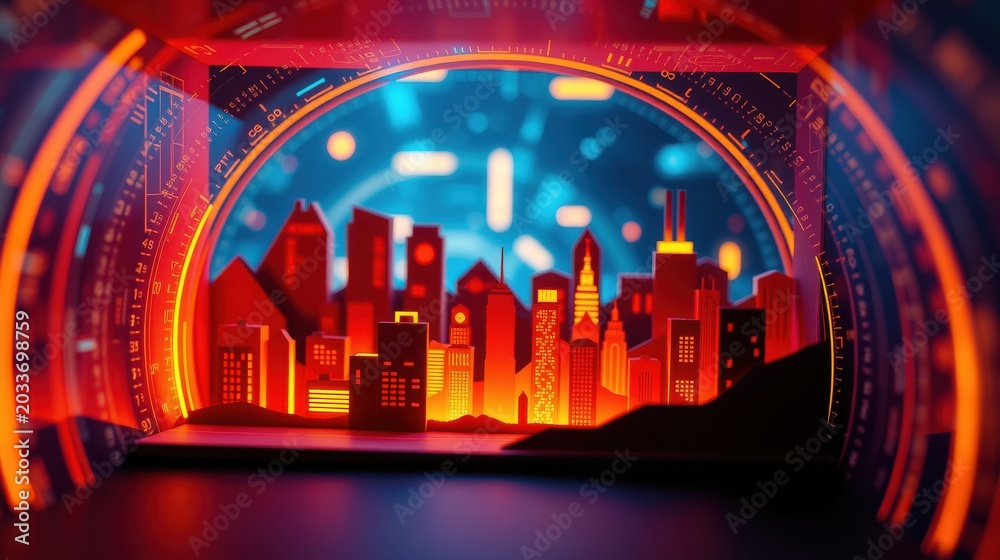 Obraz premium Futuristic cityscape framed within glowing tunnel. Digital elements surround buildings, creating vibrant, immersive scene. Dark background emphasizes bright colors.