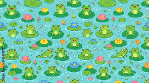 Slika na platnu Flat vector cute frog seamless pattern, lily pads and flowers, colorful playful