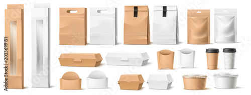 Takeout food packaging. Realistic templates for takeaway fastfood containers made of white and brown paper. Blank bags for burger and potato. Closed craft boxes. Package mockups vector set