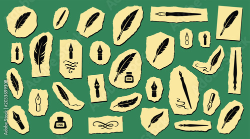 Schilderij op canvas Deep green background scattered light yellow paper sticker solid black feather s