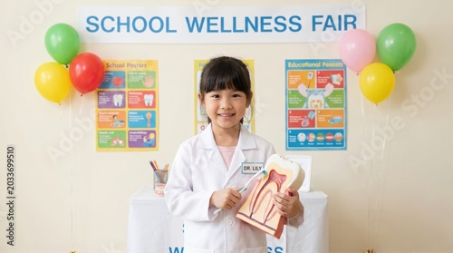 Young girl wearing lab coat holds toothbrush and tooth model. She participates smiling in school wellness fair. Ideal for educational dental health posters and medical career day promotions.