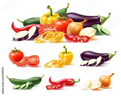 Realistic vegetables. 3D farm produce. Whole or sliced vegetarian food. Group of onions, peppers and tomatoes. Organic eggplants or cucumbers. Fresh farming products vector isolated set