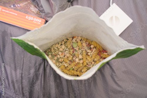 Inside View of Dehydrated Pasta Meal in Adventure Food Pouch for Camping on Kungsleden Trail Swedish Lapland