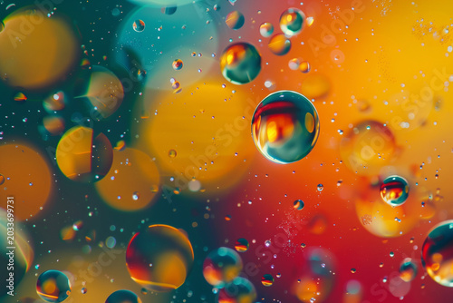 Macro of iridescent oil bubbles in water background