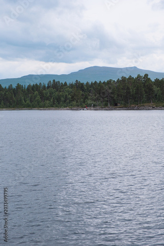 Tranquil Morning Lake Landscape in Swedish Lapland with Calm Water Deep Green Pine Forest Treeline and Majestic Mountain Silhouette under Overcast Sky 