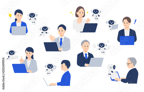 AI･チャットボットで業務を効率化するビジネスパーソンのセット【人物ベクターイラスト素材】