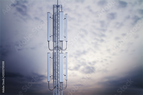 Modern telecom tower with multiple antennas rising against cloudy sky symboli...