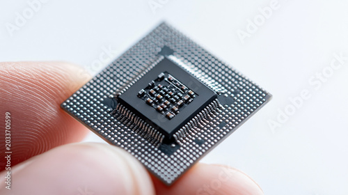 Microchip is held by fingers as a symbol of modern advanced hardware.