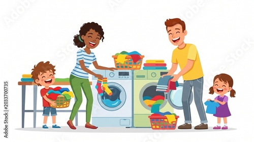 Happy family with children doing laundry together in this vibrant illustration showing parents and kids smiling while washing colorful clothes in a modern home environment setting.