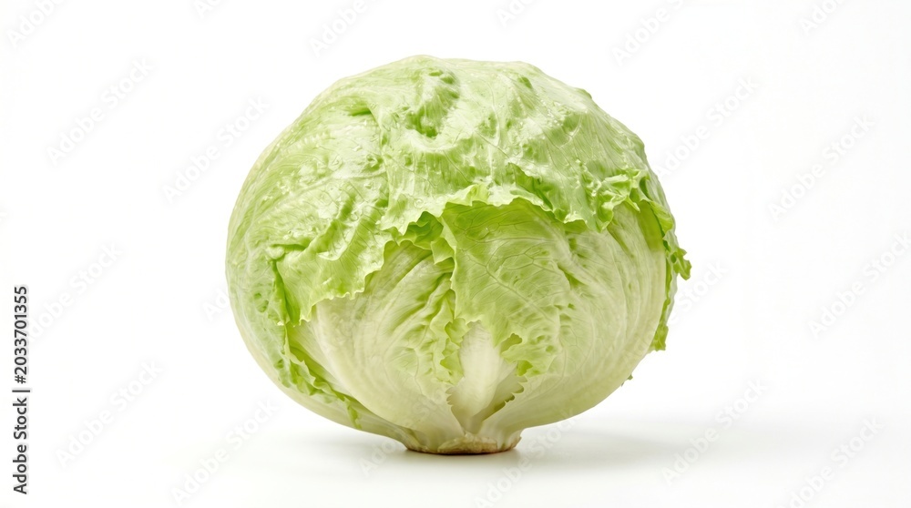 Obraz premium Crisp head of iceberg lettuce with textural pale green leaves isolated on white
