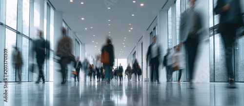 Blurred business people walking in a modern office corridor with glass walls and bright lighting
