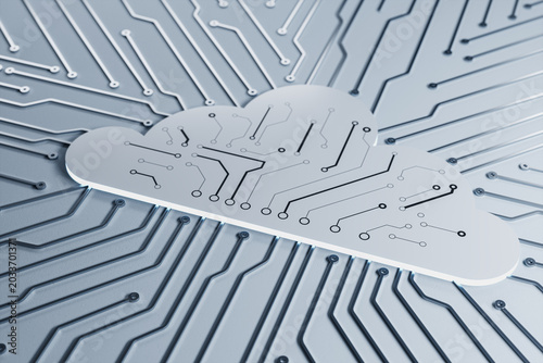 Cloud computing circuit symbol integrated on modern digital network backgroun...