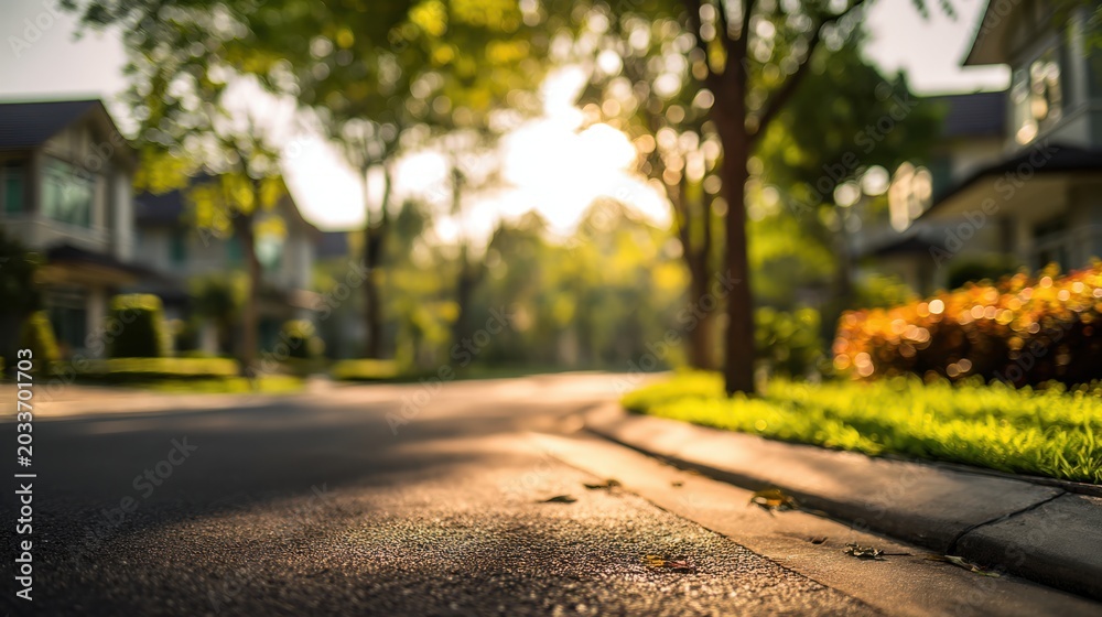 Fototapeta premium Blurred suburban street scene with houses, lush green lawn, and trees bathed in warm sunlight, creating a peaceful residential atmosphere