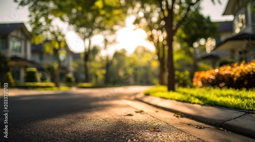 Blurred suburban street scene with houses, lush green lawn, and trees bathed in warm sunlight, creating a peaceful residential atmosphere