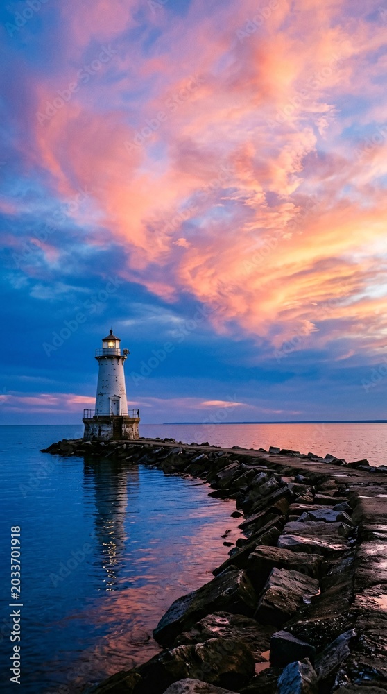 Obraz premium Lighthouse on rocky pier under dramatic pink sunset sky near calm sea.