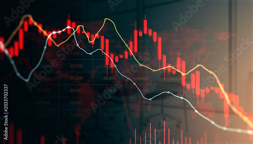 Stock market crisis with falling red candles and downward trend lines on dark financial backdrop illustrating global economic collapse. 3D Rendering