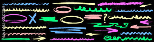 Playful underline in chalk effect with arrow symbols, brush paint flow and crayon scribble texture, rough hand drawn lines with lively handdrawn character. Underline, chalk, arrow twice.